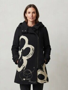 Desigual Hooded Coat with Cream Brushstroke Motif